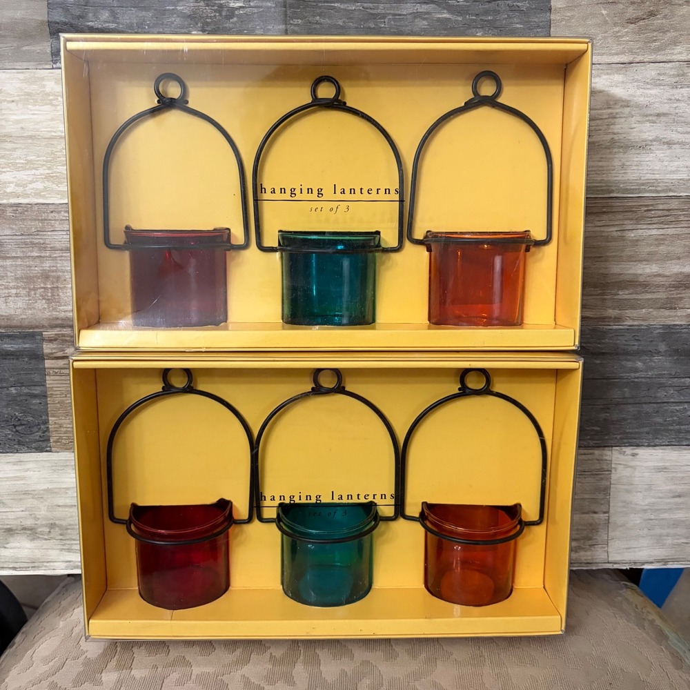 Pier 1 Imports Hanging Glass Tea Light Lanterns Set of 6 Jewel Tone Metal Frame